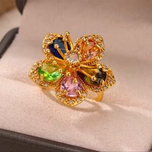 Anthropologie Blossom Multicolor Floral Gold Adjustable Ring